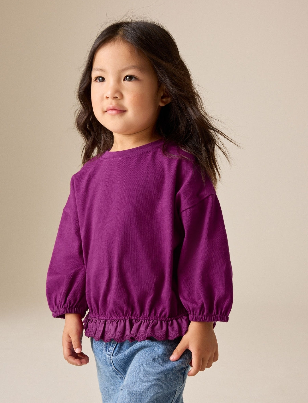 Burgundy Long Sleeve Broderie Hem Top