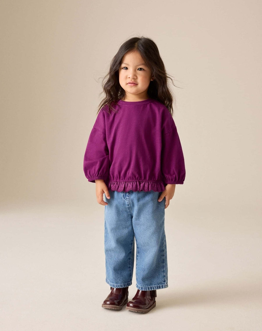 Burgundy Long Sleeve Broderie Hem Top