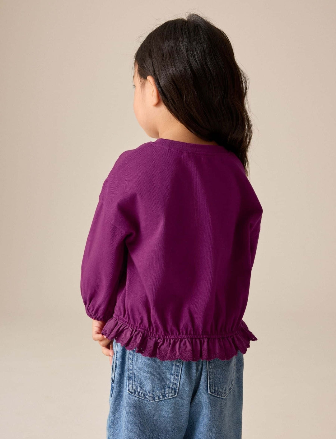 Burgundy Long Sleeve Broderie Hem Top