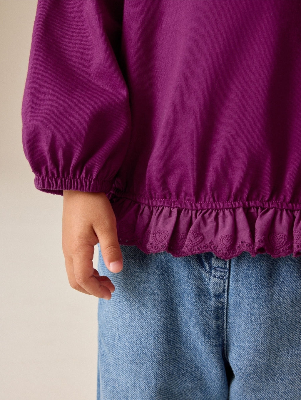 Burgundy Long Sleeve Broderie Hem Top