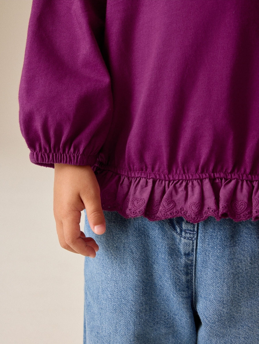 Burgundy Long Sleeve Broderie Hem Top