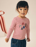 Red Stripe Christmas Embroidery Ribbed Long Sleeve Top