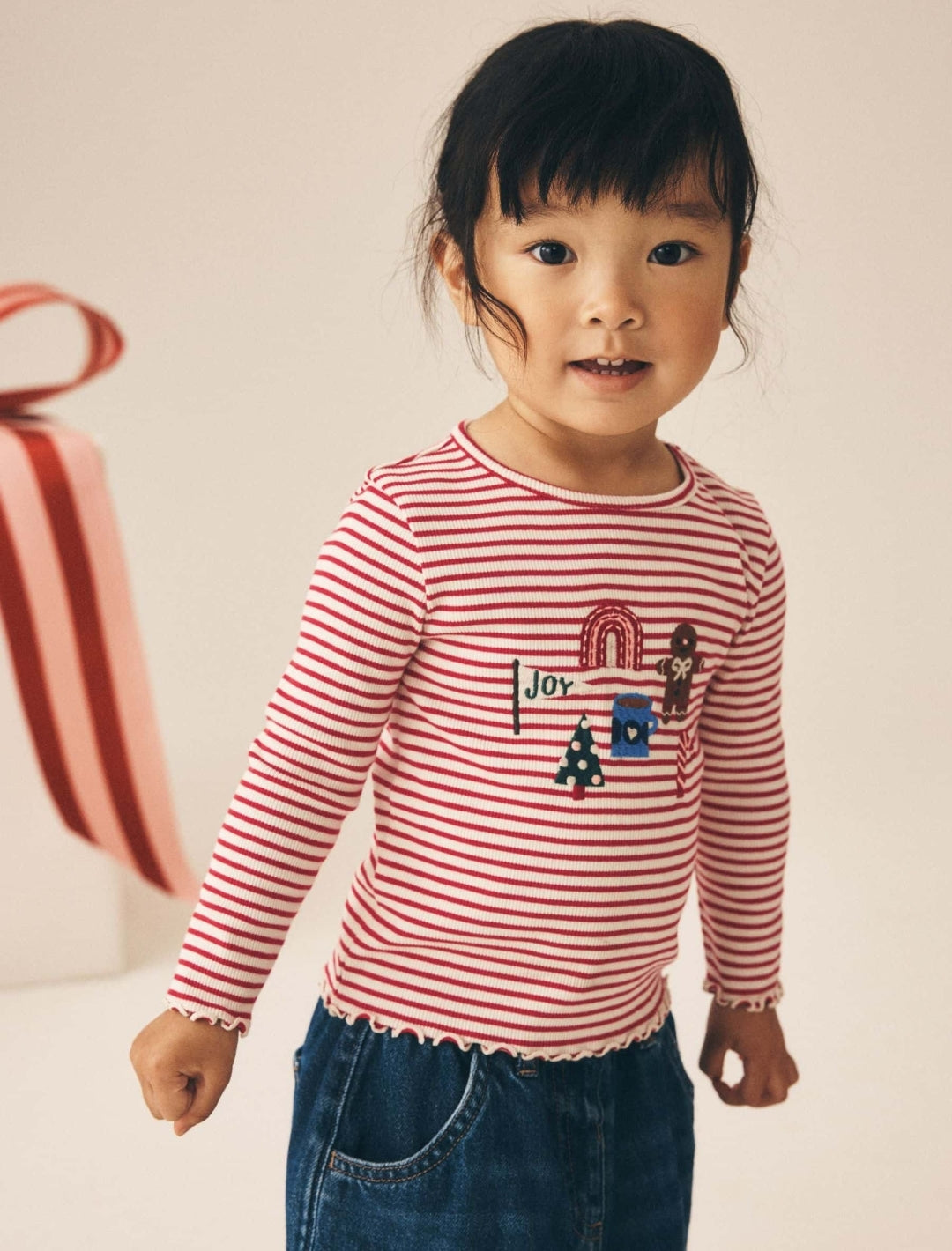 Red Stripe Christmas Embroidery Ribbed Long Sleeve Top
