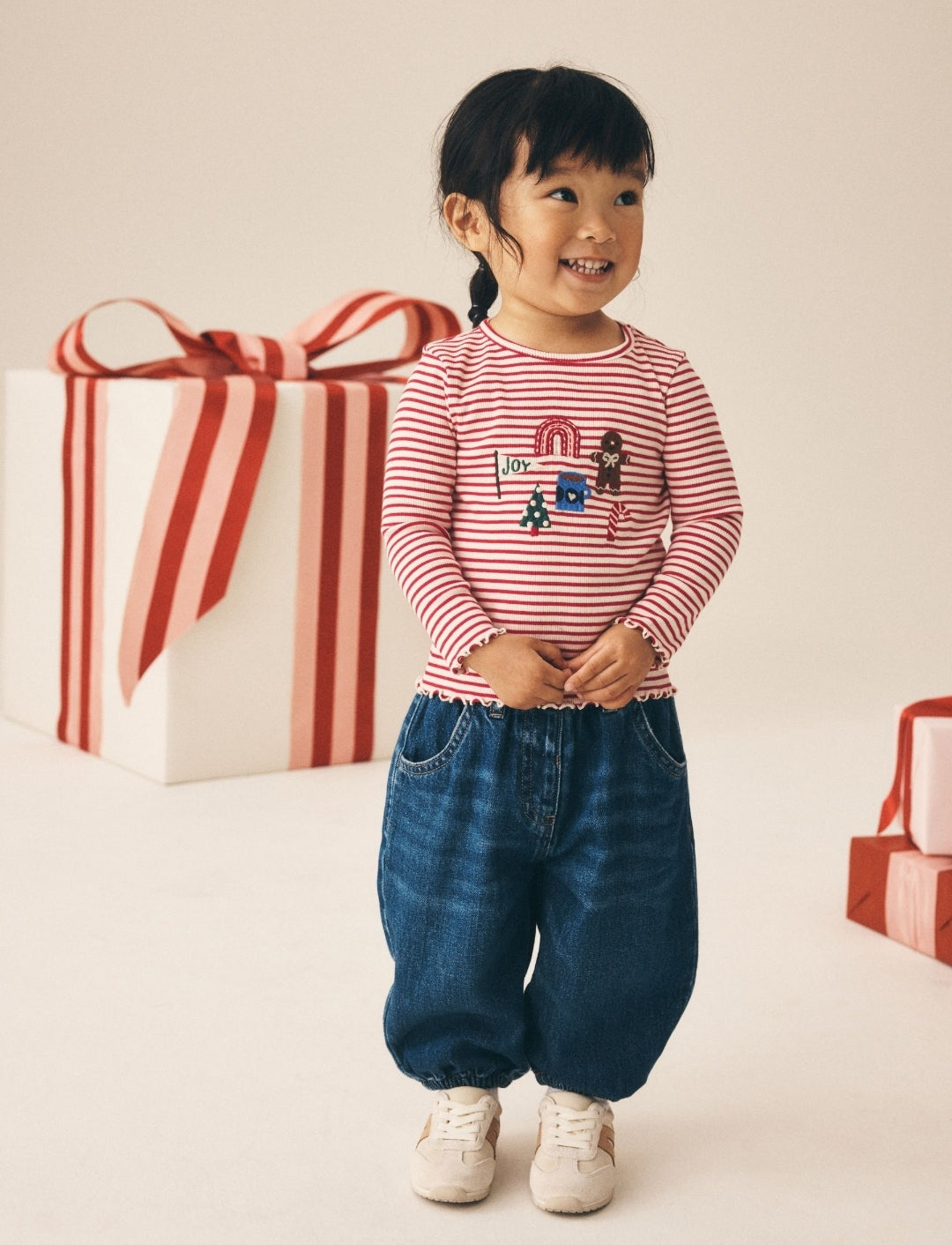 Red Stripe Christmas Embroidery Ribbed Long Sleeve Top
