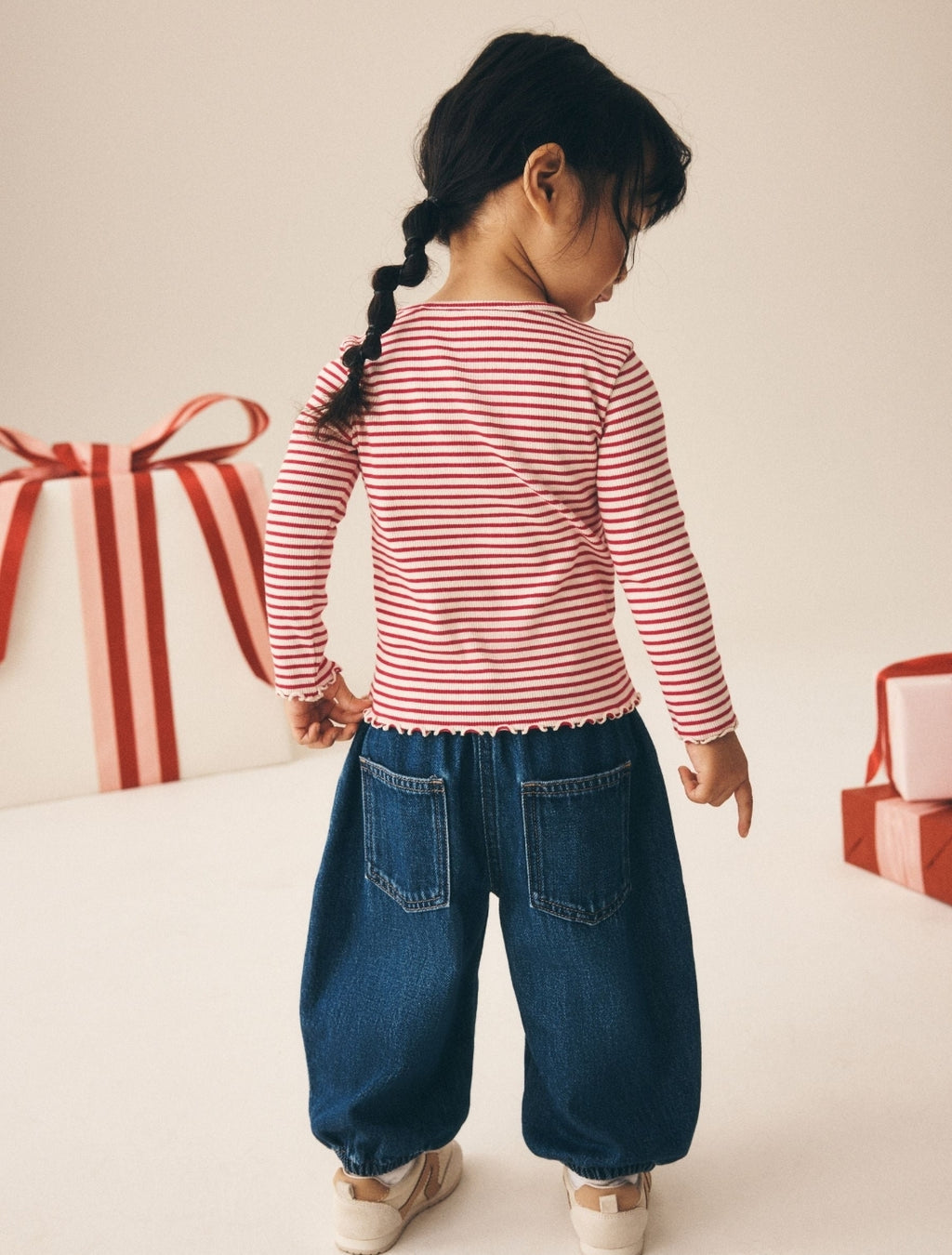 Red Stripe Christmas Embroidery Ribbed Long Sleeve Top
