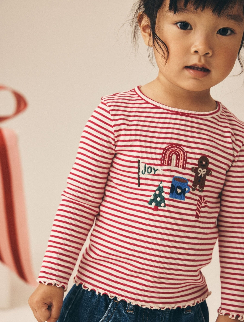 Red Stripe Christmas Embroidery Ribbed Long Sleeve Top