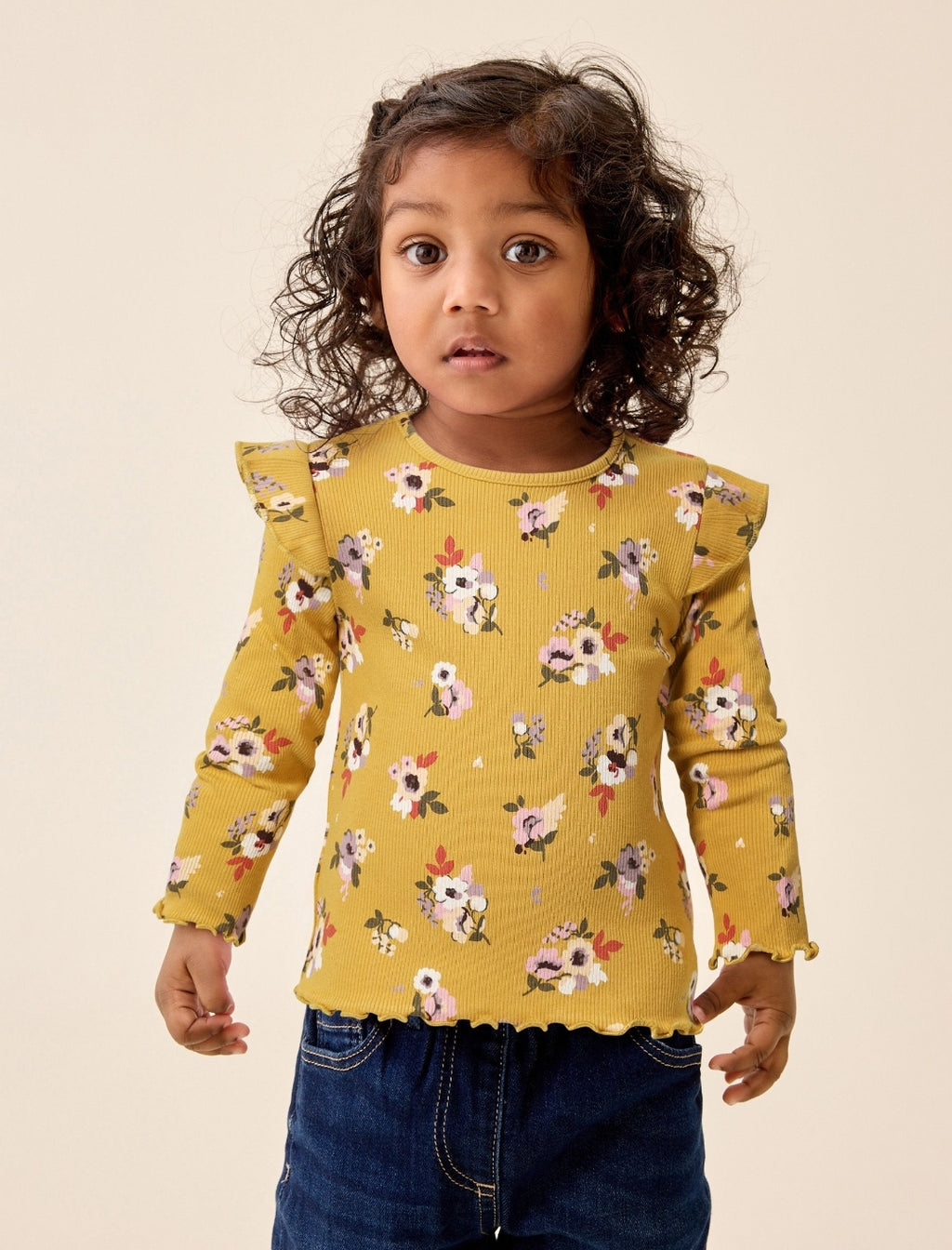 Green Pink Floral Rib Long Sleeve T-Shirt