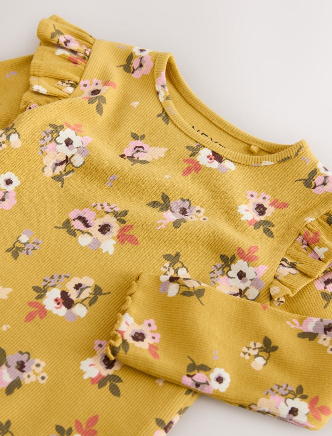 Green Pink Floral Rib Long Sleeve T-Shirt