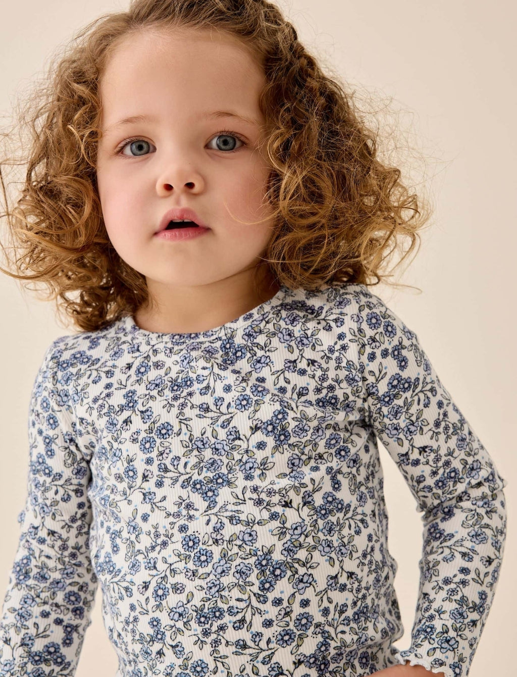 Ecru Blue Ditsy Floral Rib Long Sleeve T-Shirt
