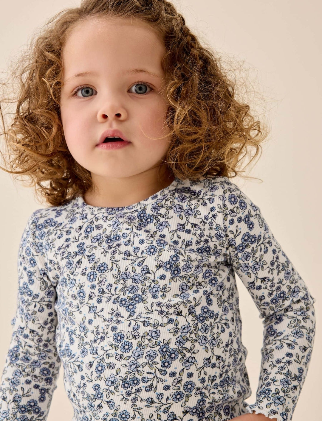 Ecru Blue Ditsy Floral Rib Long Sleeve T-Shirt