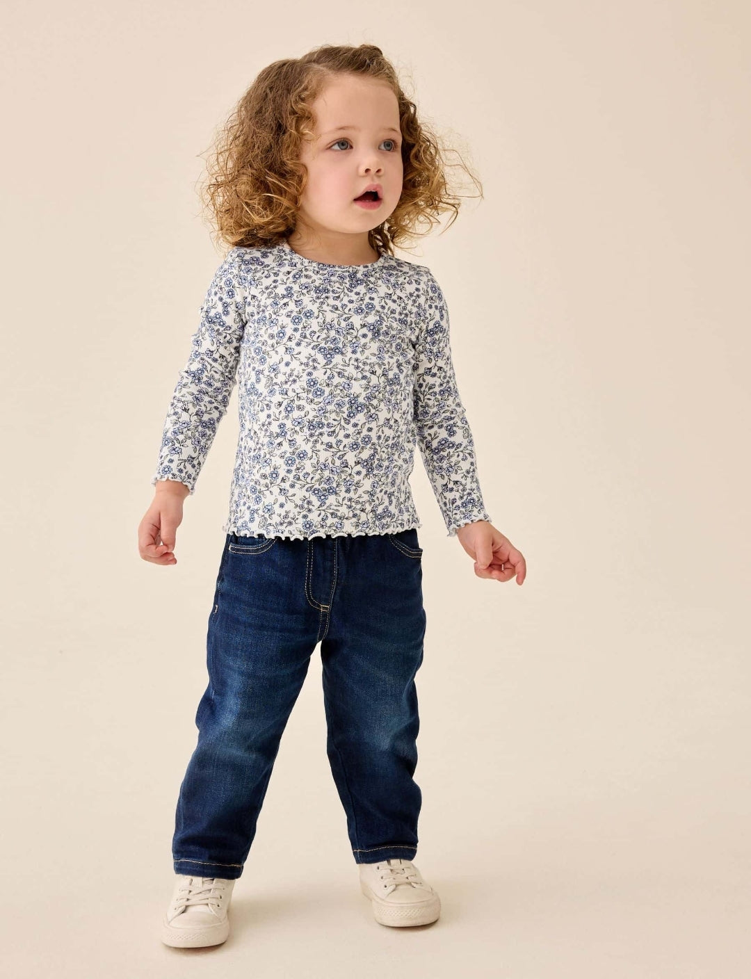 Ecru Blue Ditsy Floral Rib Long Sleeve T-Shirt