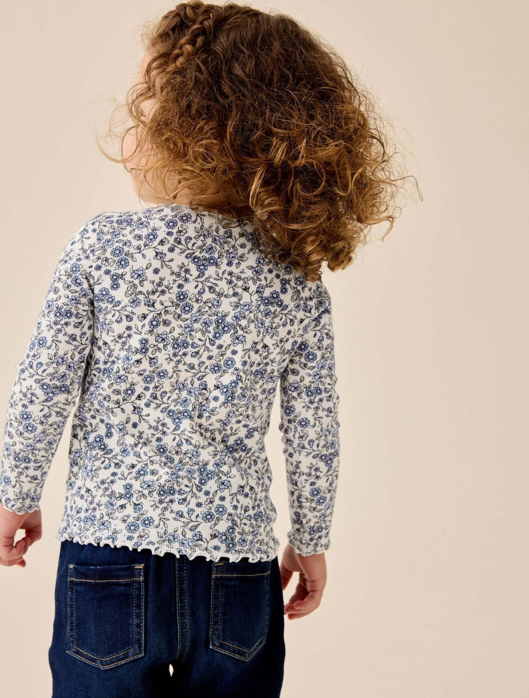 Ecru Blue Ditsy Floral Rib Long Sleeve T-Shirt