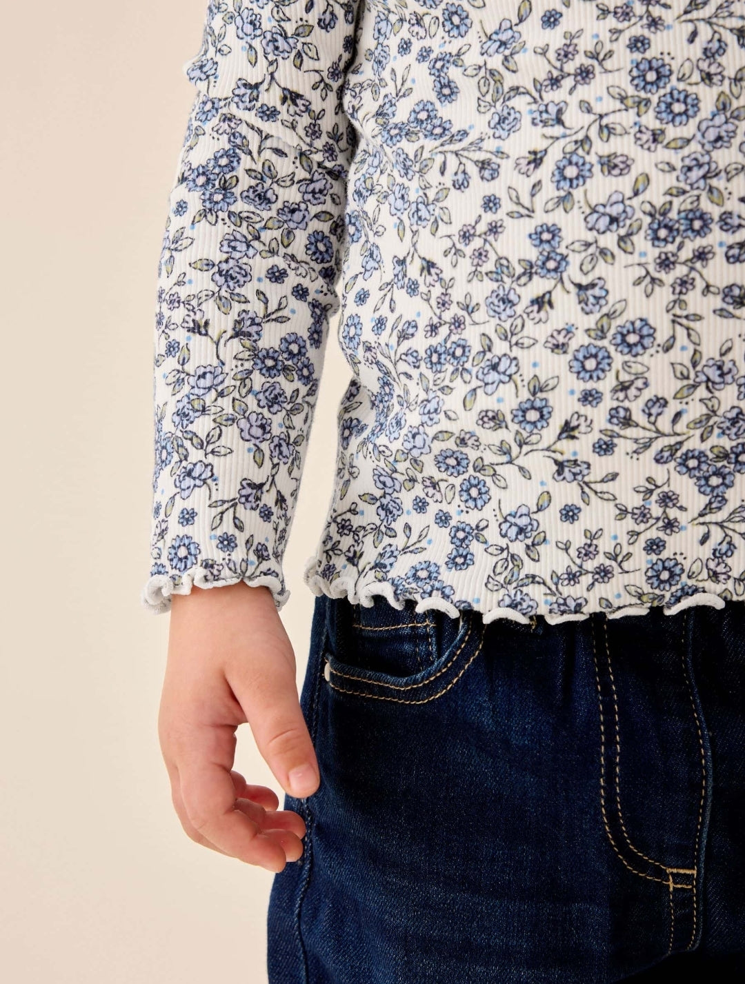 Ecru Blue Ditsy Floral Rib Long Sleeve T-Shirt