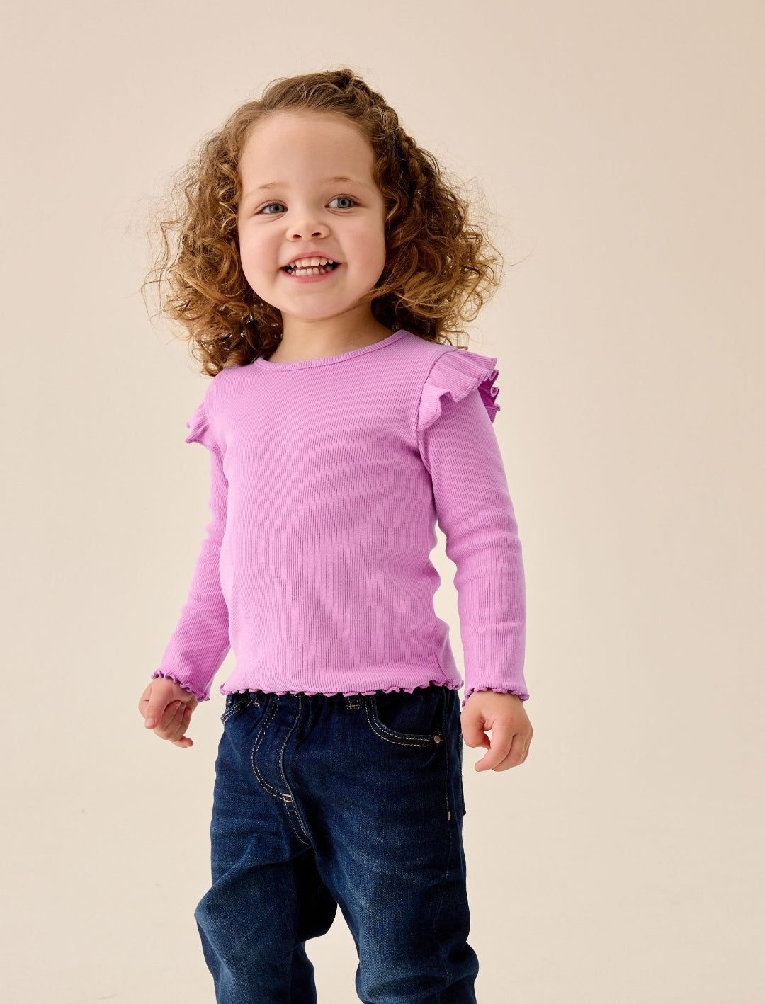 Lilac Purple Ribbed Long Sleeve Frill T-Shirt