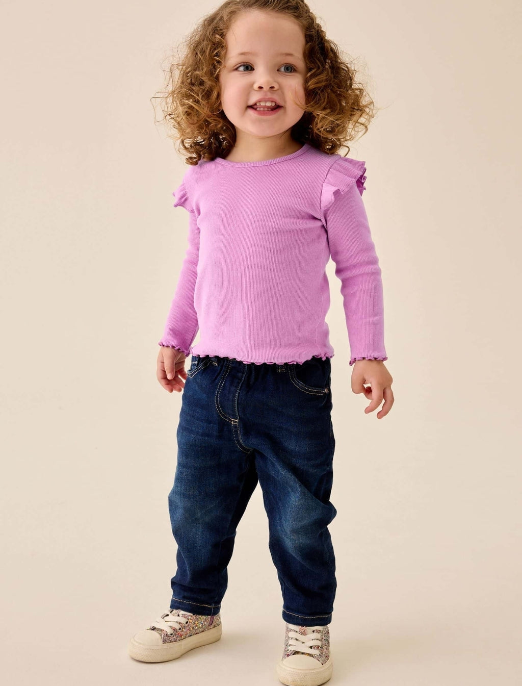 Lilac Purple Ribbed Long Sleeve Frill T-Shirt