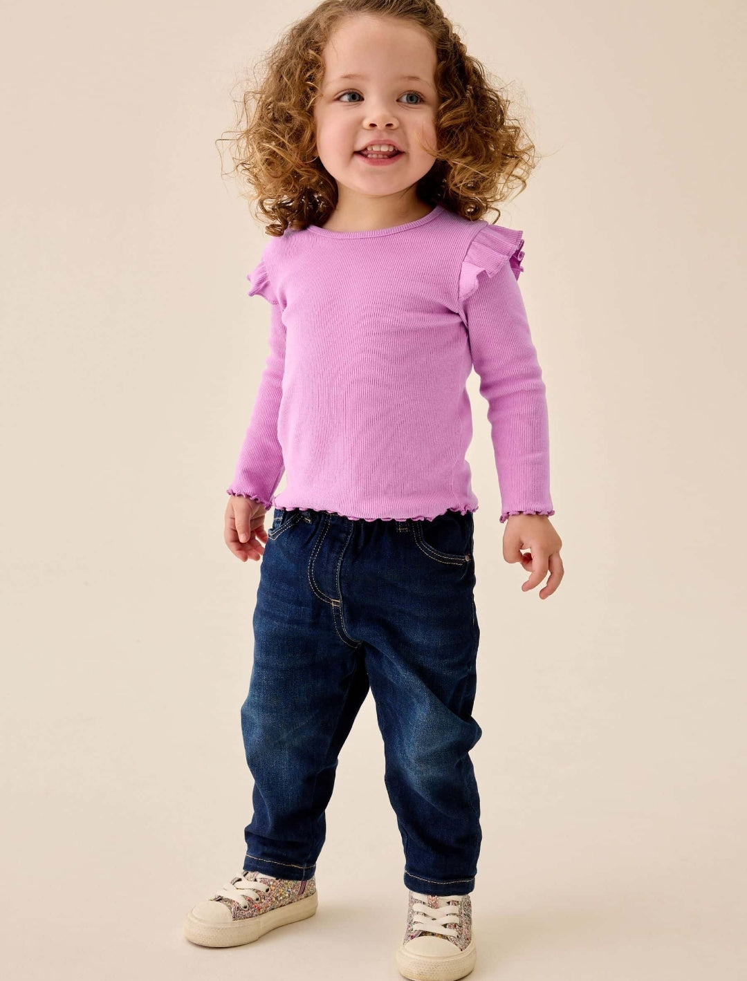 Lilac Purple Ribbed Long Sleeve Frill T-Shirt