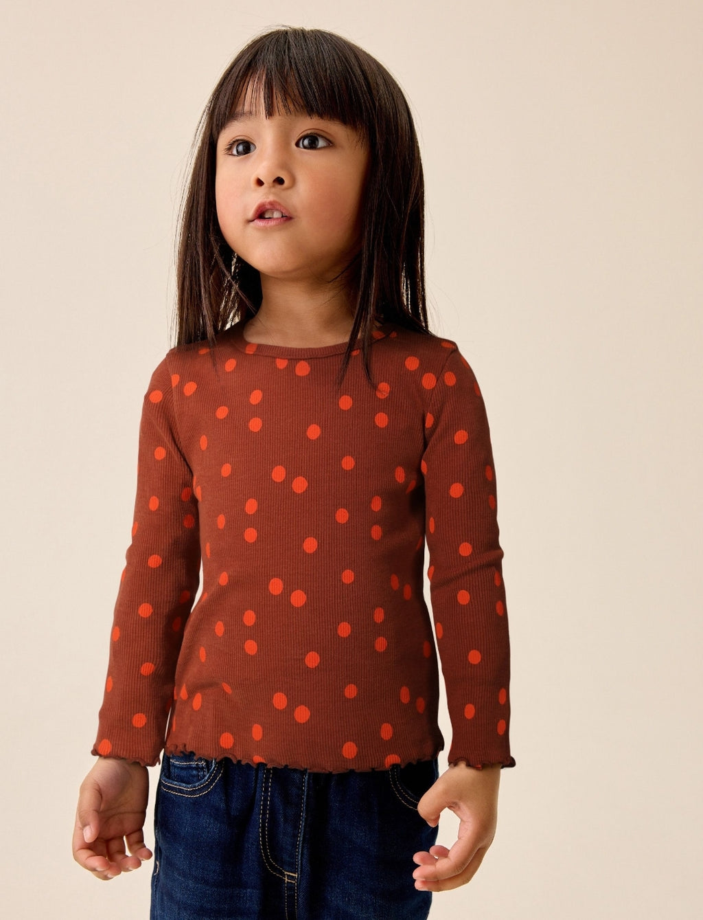 Brown Orange Spot Rib Long Sleeve T-Shirt