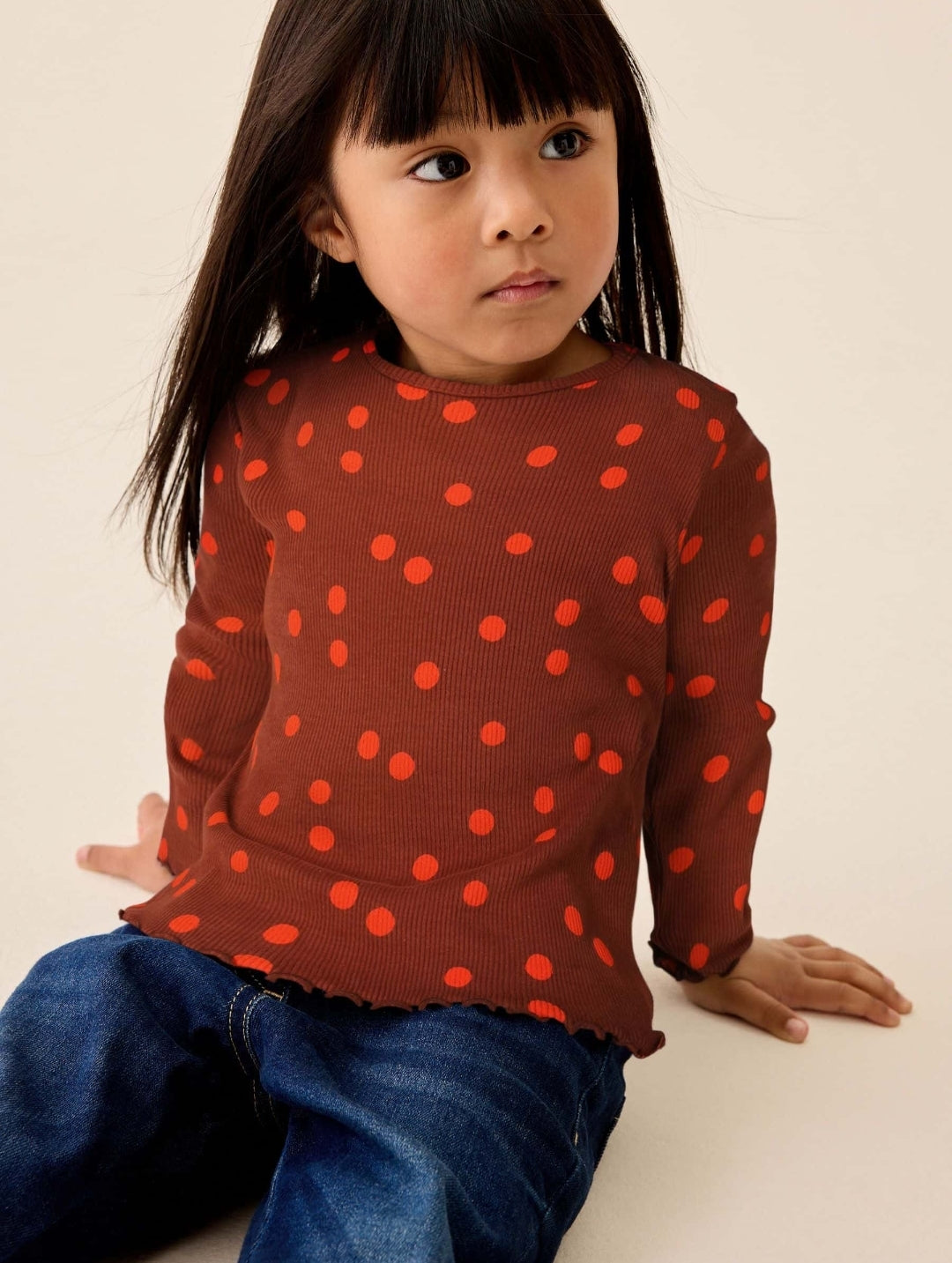 Brown Orange Spot Rib Long Sleeve T-Shirt