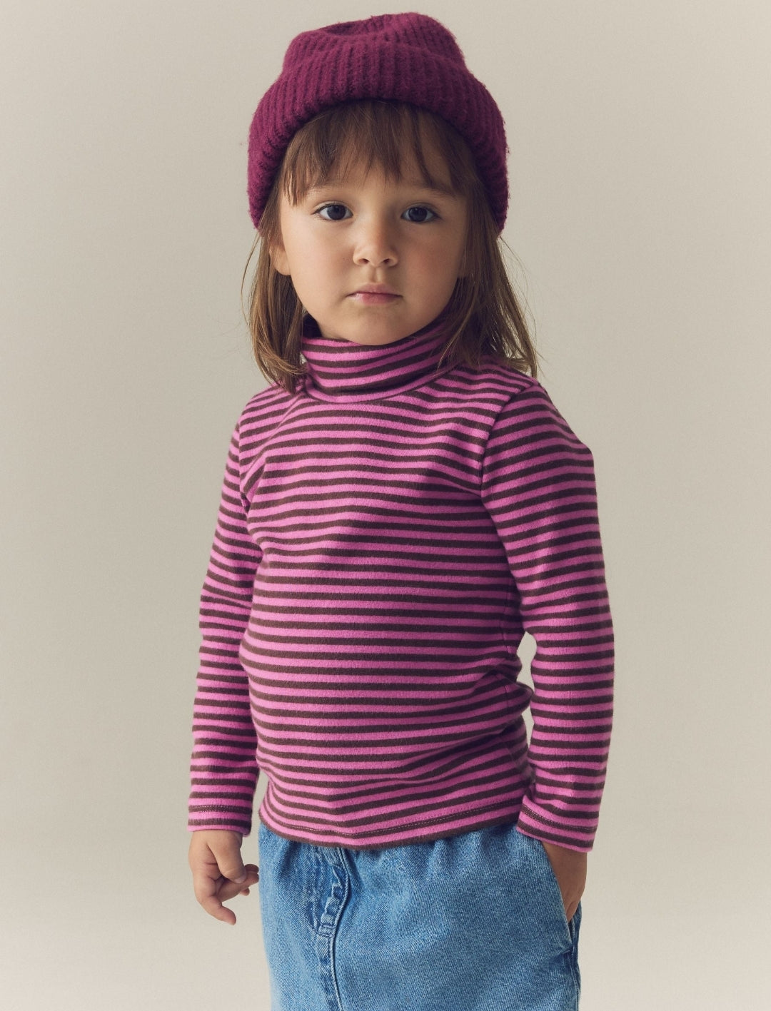 Pink Stripe Long Sleeve Roll Neck Top
