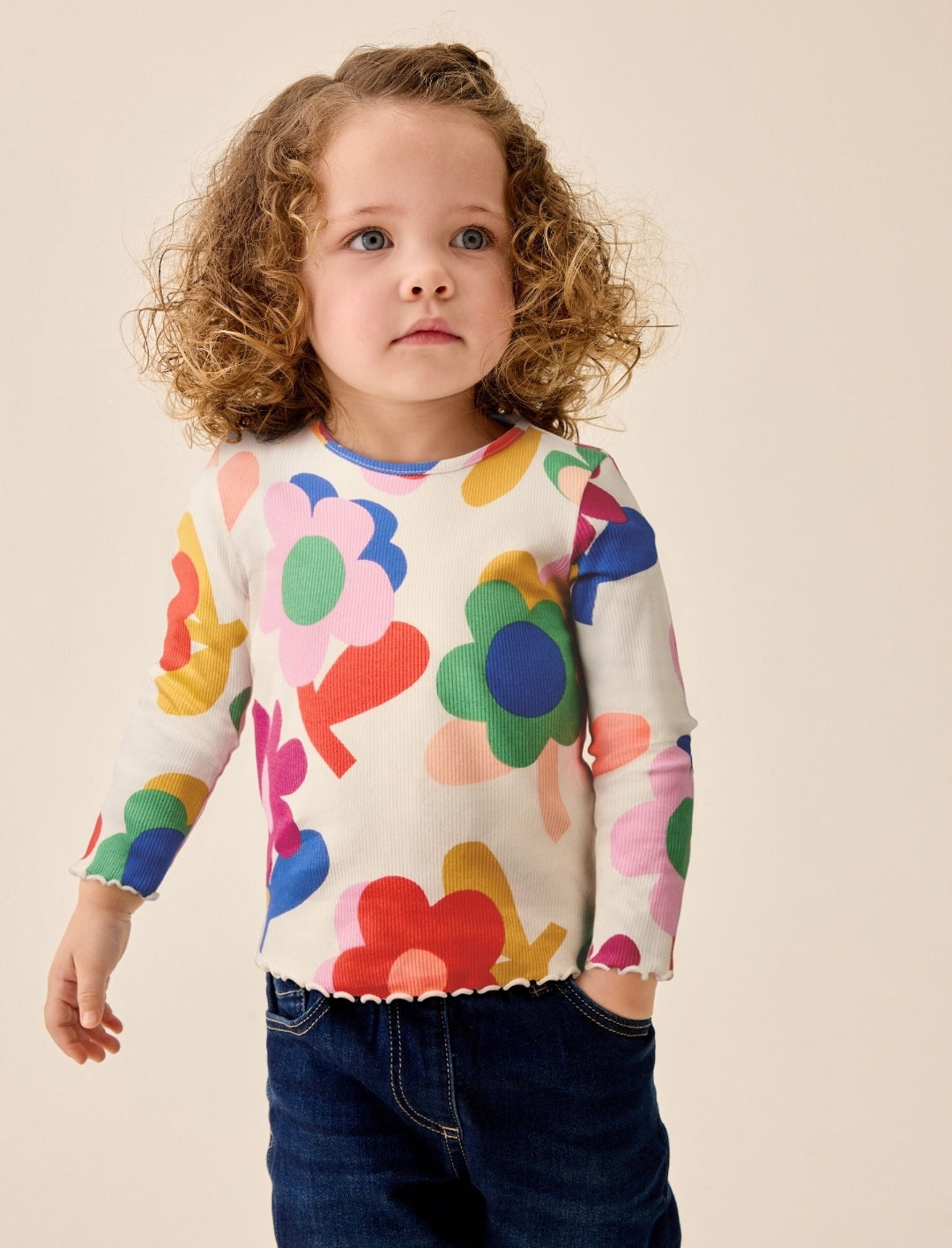 Pink Rainbow Flower Rib Long Sleeve T-Shirt