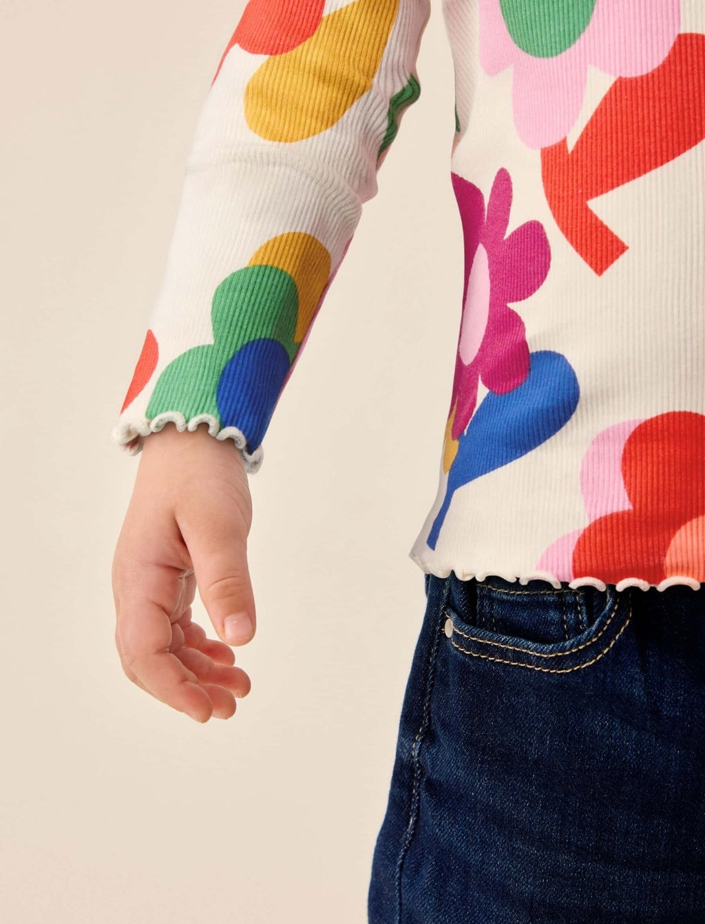 Pink Rainbow Flower Rib Long Sleeve T-Shirt