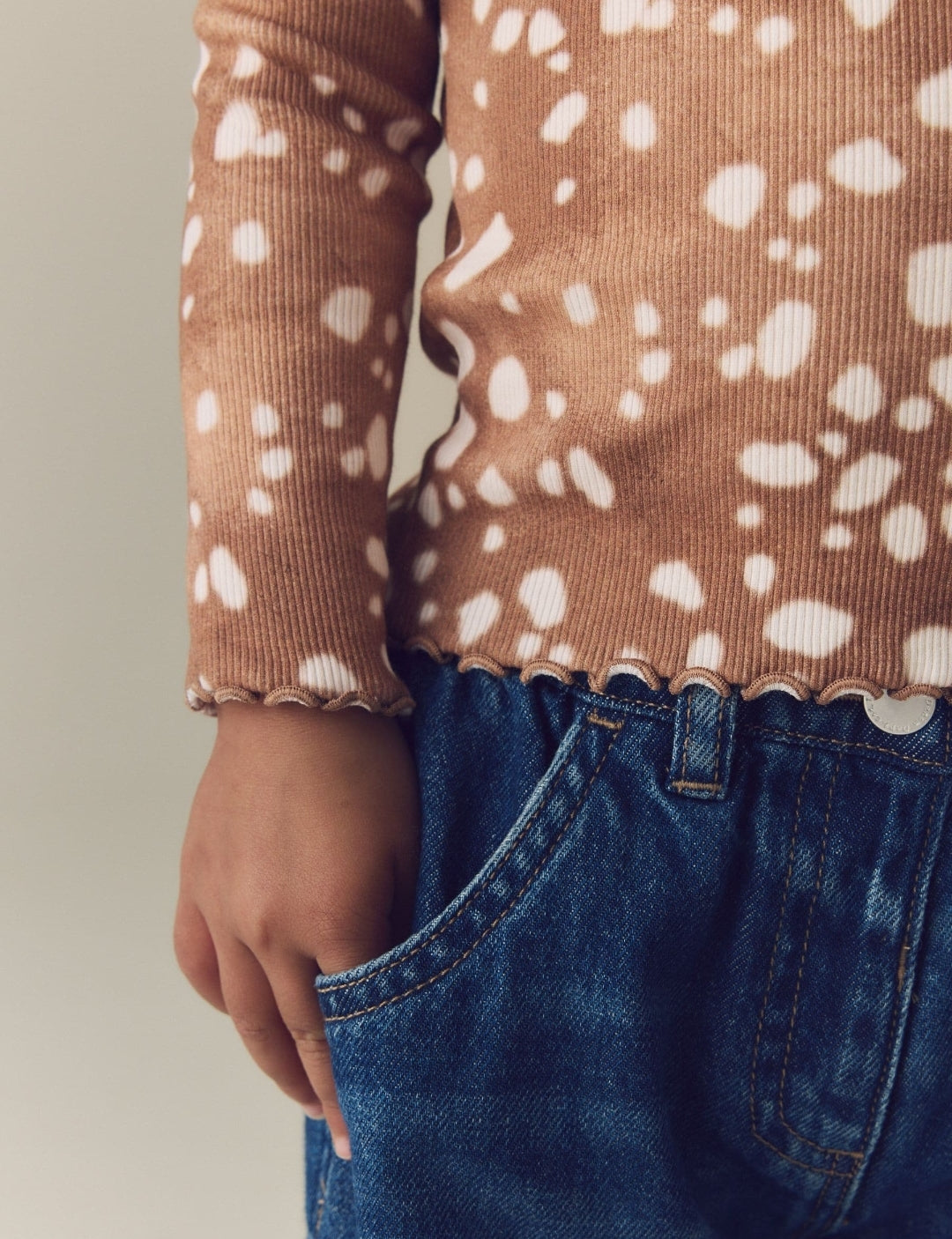 Deer Print Rib Long Sleeve T-Shirt