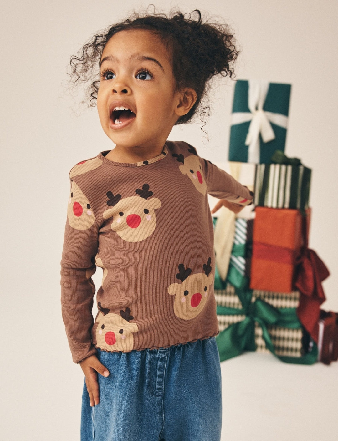 Brown Reindeer Long Sleeve Ribbed Top