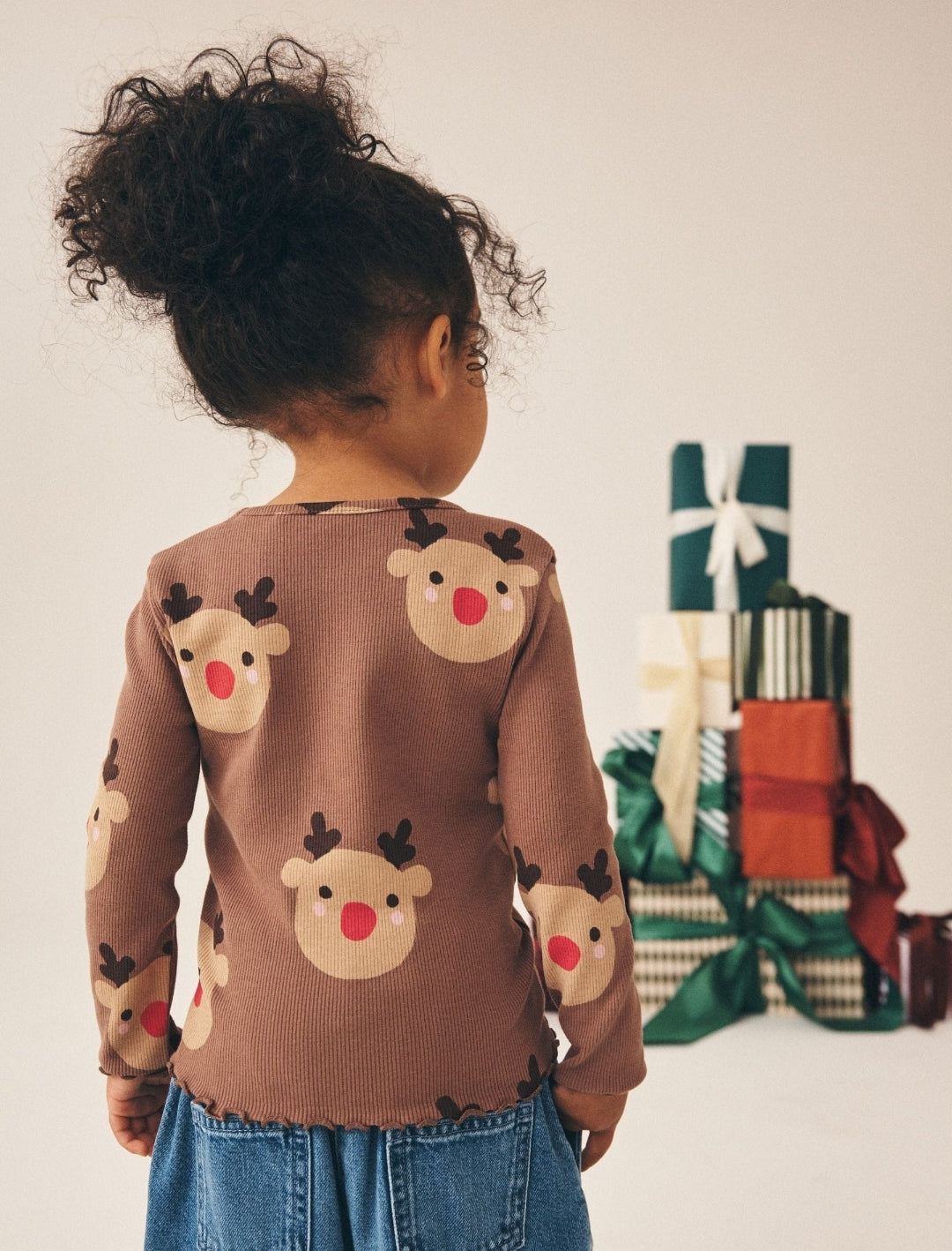 Brown Reindeer Long Sleeve Ribbed Top