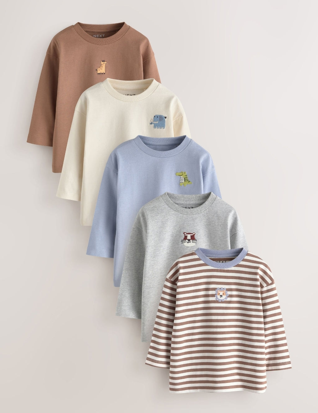 Brown/Cream Animal Embroidery Long Sleeve T-Shirts 5 Pack