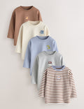 Brown/Cream Animal Embroidery Long Sleeve T-Shirts 5 Pack