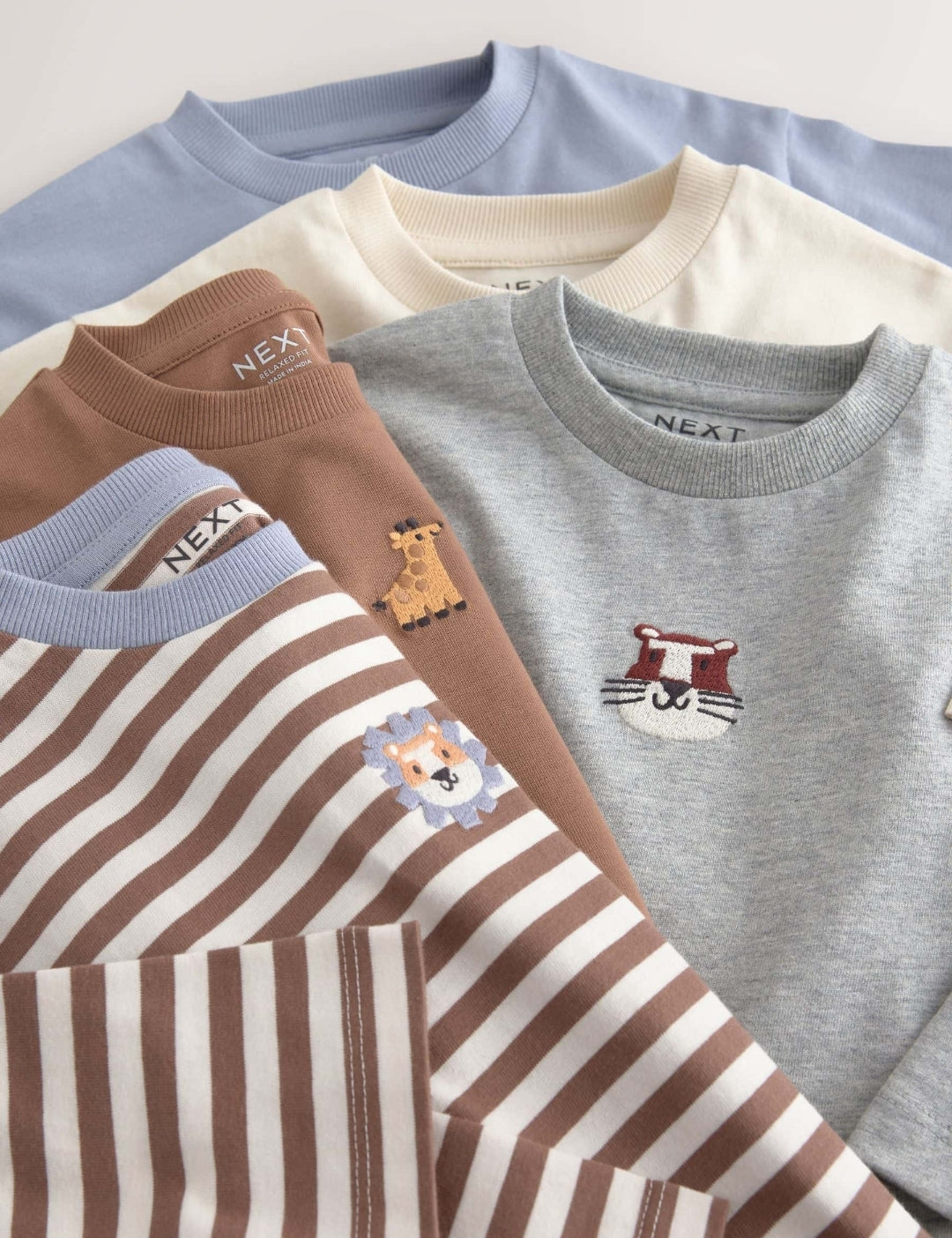 Brown/Cream Animal Embroidery Long Sleeve T-Shirts 5 Pack