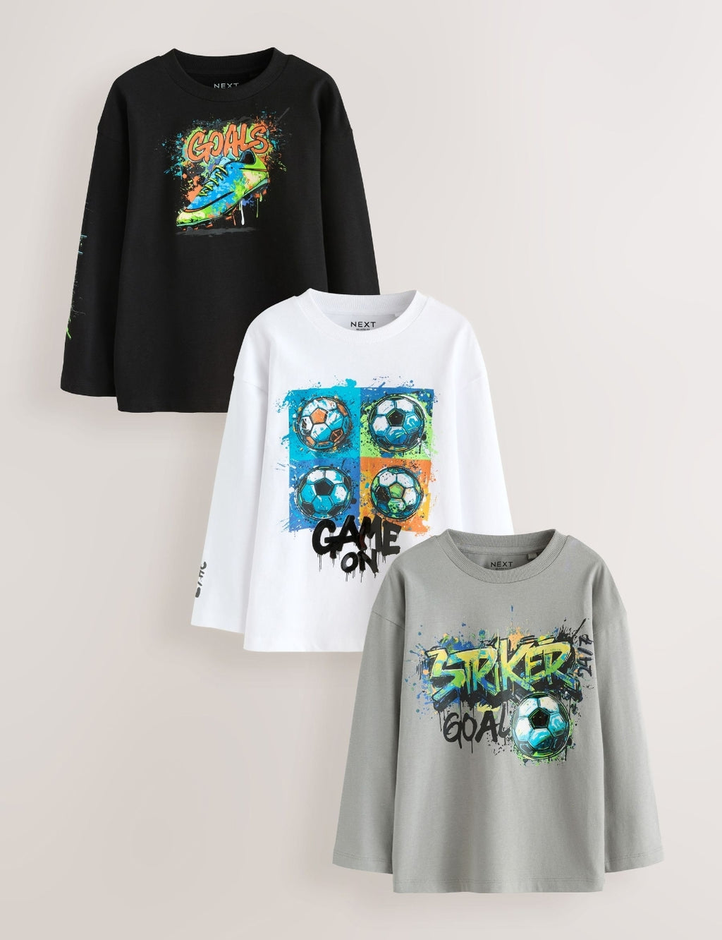 Black/Grey/White Graphic Long Sleeve Relaxed Fit T-Shirts 3 Pack