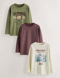 Berry/Green/Ecru Graphic Long Sleeve Relaxed Fit T-Shirts 3 Pack
