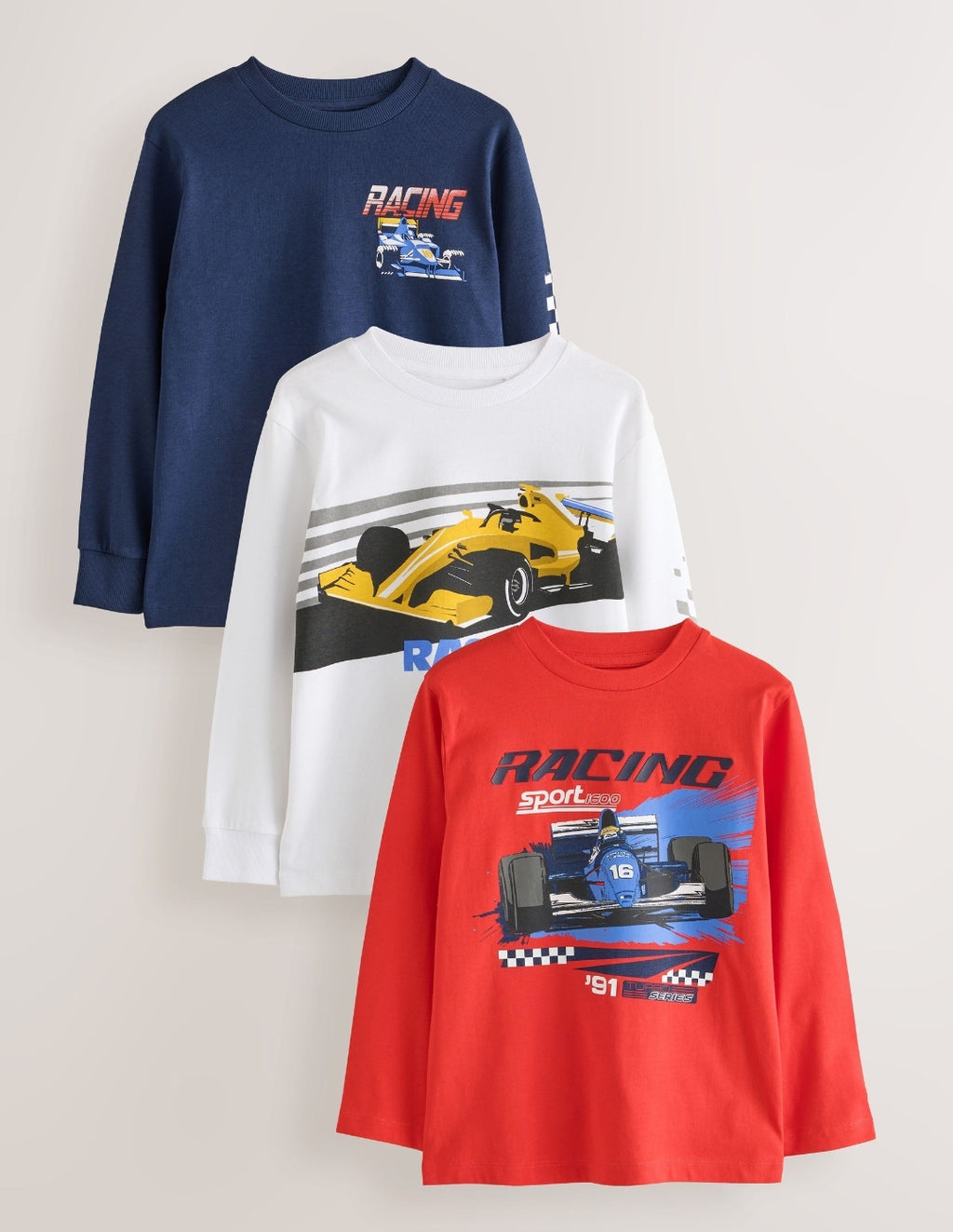 Red/White/Navy Racing Graphic Long Sleeve Relaxed Fit T-Shirts 3 Pack