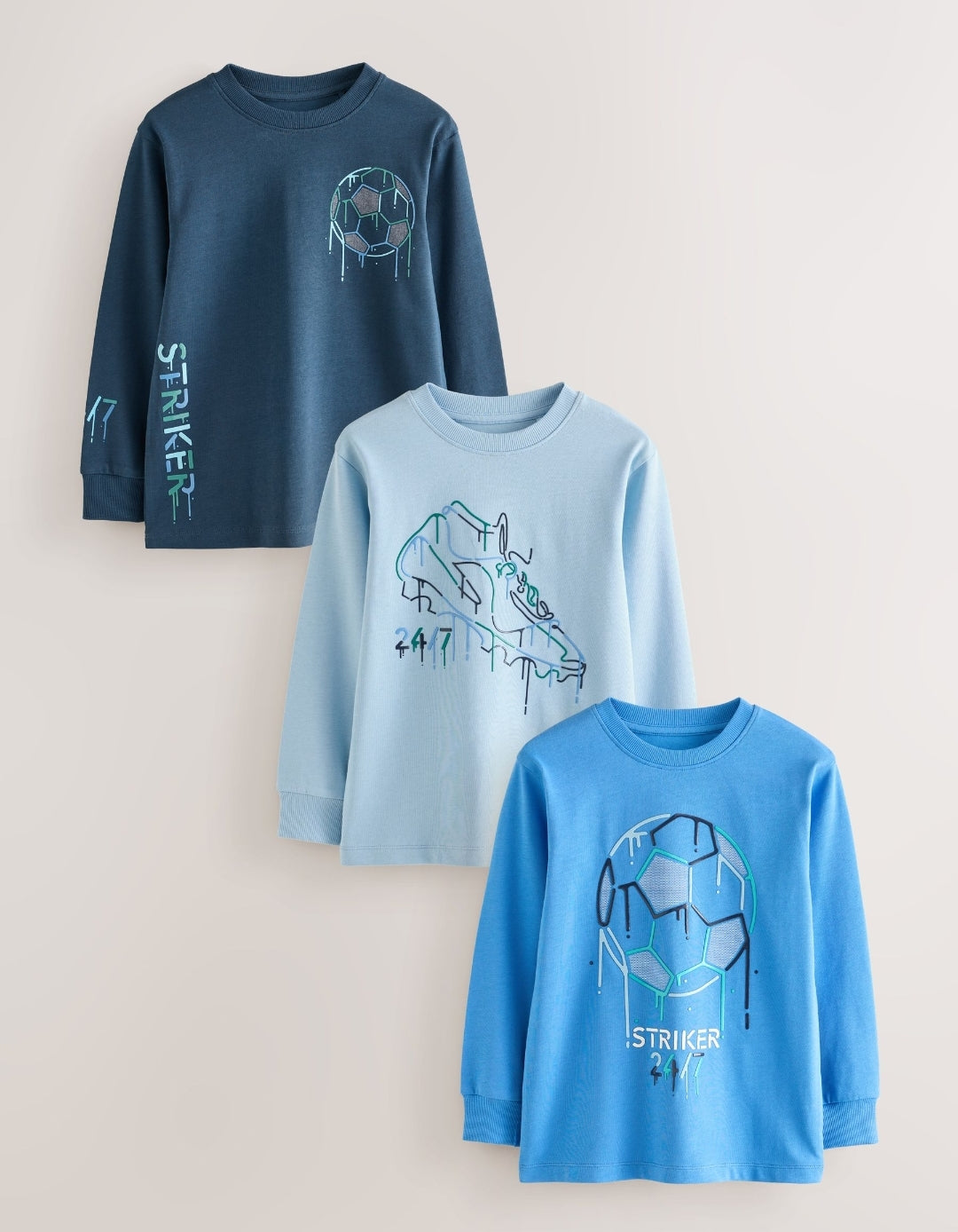 Blue Football Graphic Long Sleeve Relaxed Fit T-Shirts 3 Pack