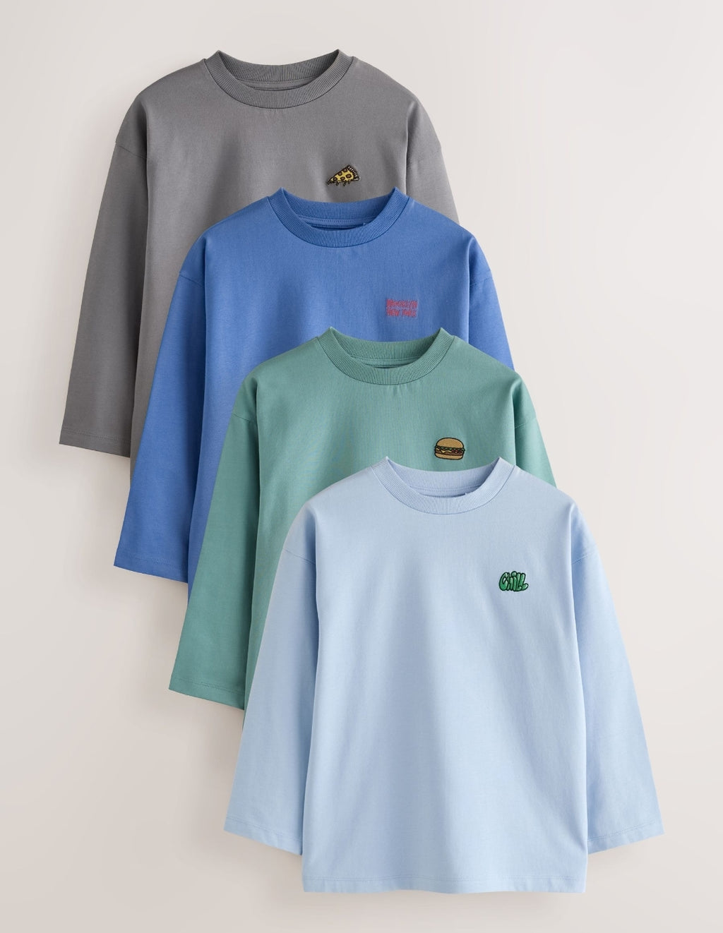 Blue/Green/Charcoal Food Long Sleeve Relaxed Fit T-Shirts 4 Pack