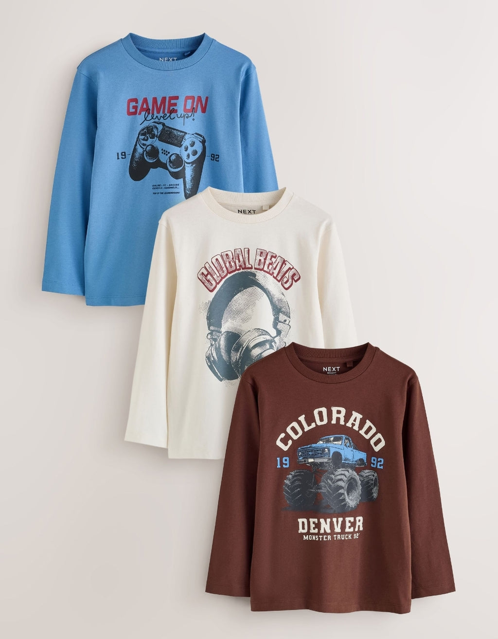 Blue/Brown/Ecru Graphic Long Sleeve Relaxed Fit T-Shirts 3 Pack