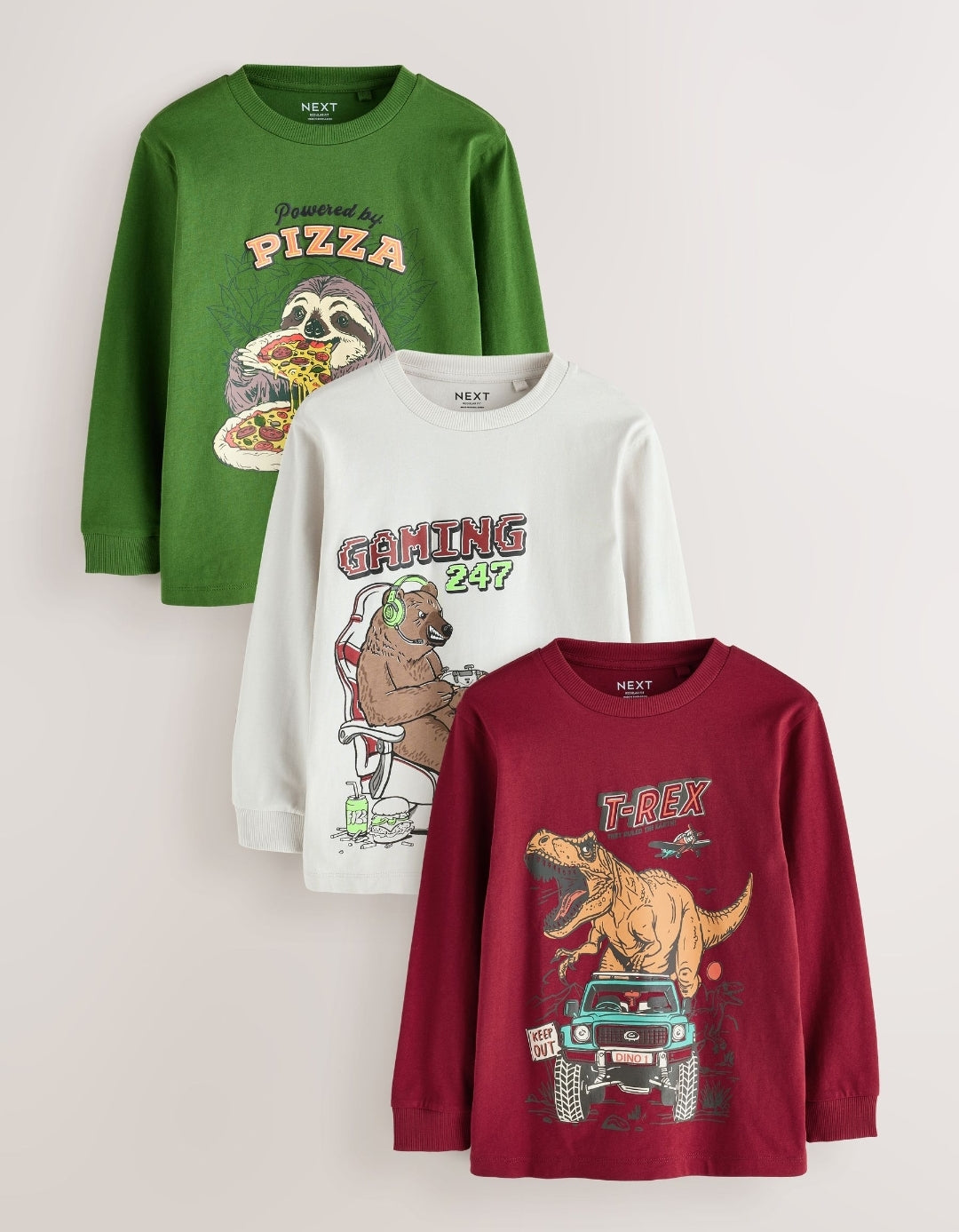 Red/Green/Grey Character Graphic Long Sleeve Relaxed Fit T-Shirts 3Pack