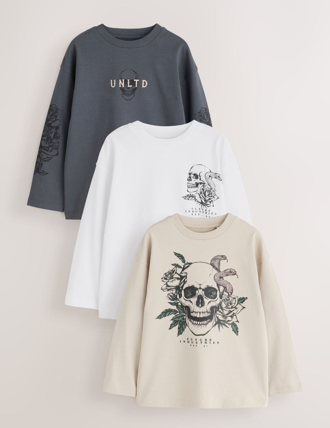 Grey/White/Cement Graphic Long Sleeve Relaxed Fit T-Shirts 3 Pack