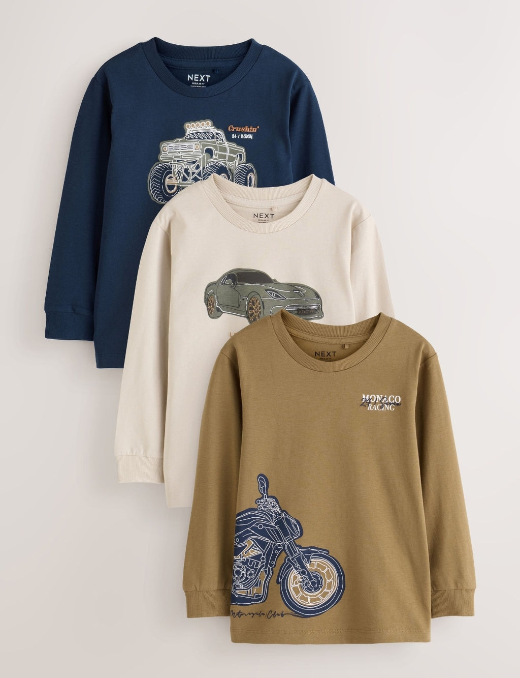 Navy/Tan/Stone Vehicles GraphicLong Sleeve Relaxed Fit T-Shirts 3Pack