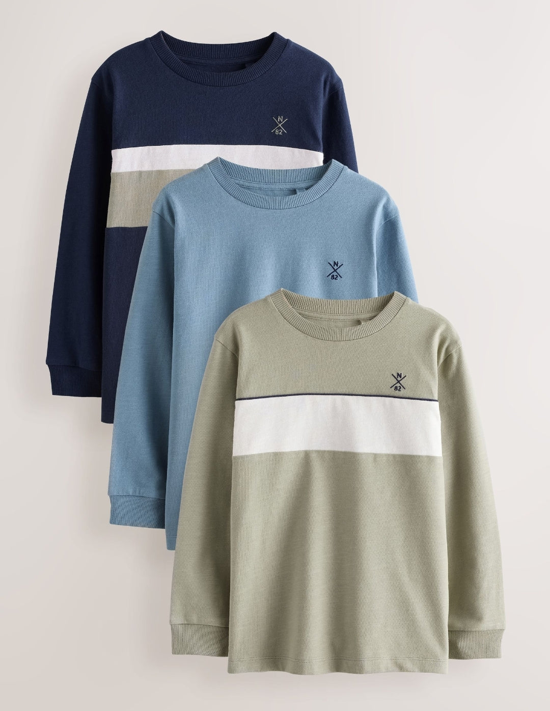 Green/Blue/Navy Long Sleeve Colourblock T-Shirts 3 Pack