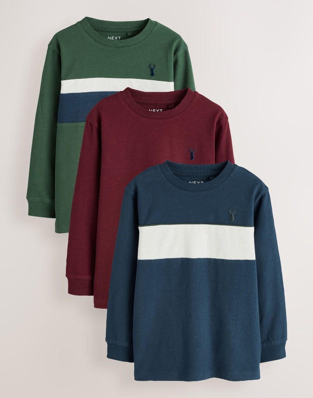 Berry/Navy/Green Long Sleeve Colourblock T-Shirts 3 Pack