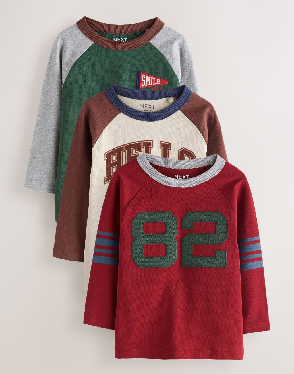 Red/Grey Varsity Long Sleeve Raglan T-Shirts 3 Pack