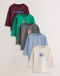 Multi Bright Fun Graphic Slogan Long Sleeve T-Shirts 5 Pack