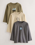 Stone/Khaki/Charcoal Graphic Long Sleeve Relaxed Fit T-Shirts 3 Pack