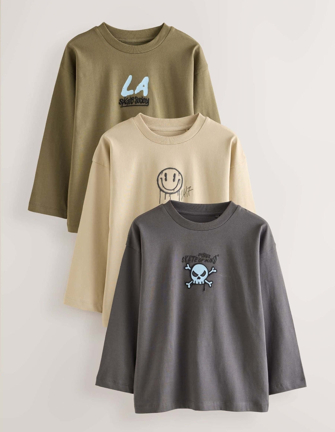Stone/Khaki/Charcoal Graphic Long Sleeve Relaxed Fit T-Shirts 3 Pack