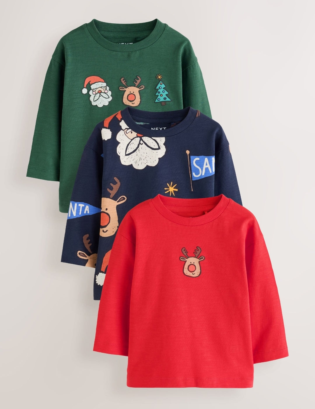 Navy/Red Long Sleeve Christmas T-Shirts 3 Pack