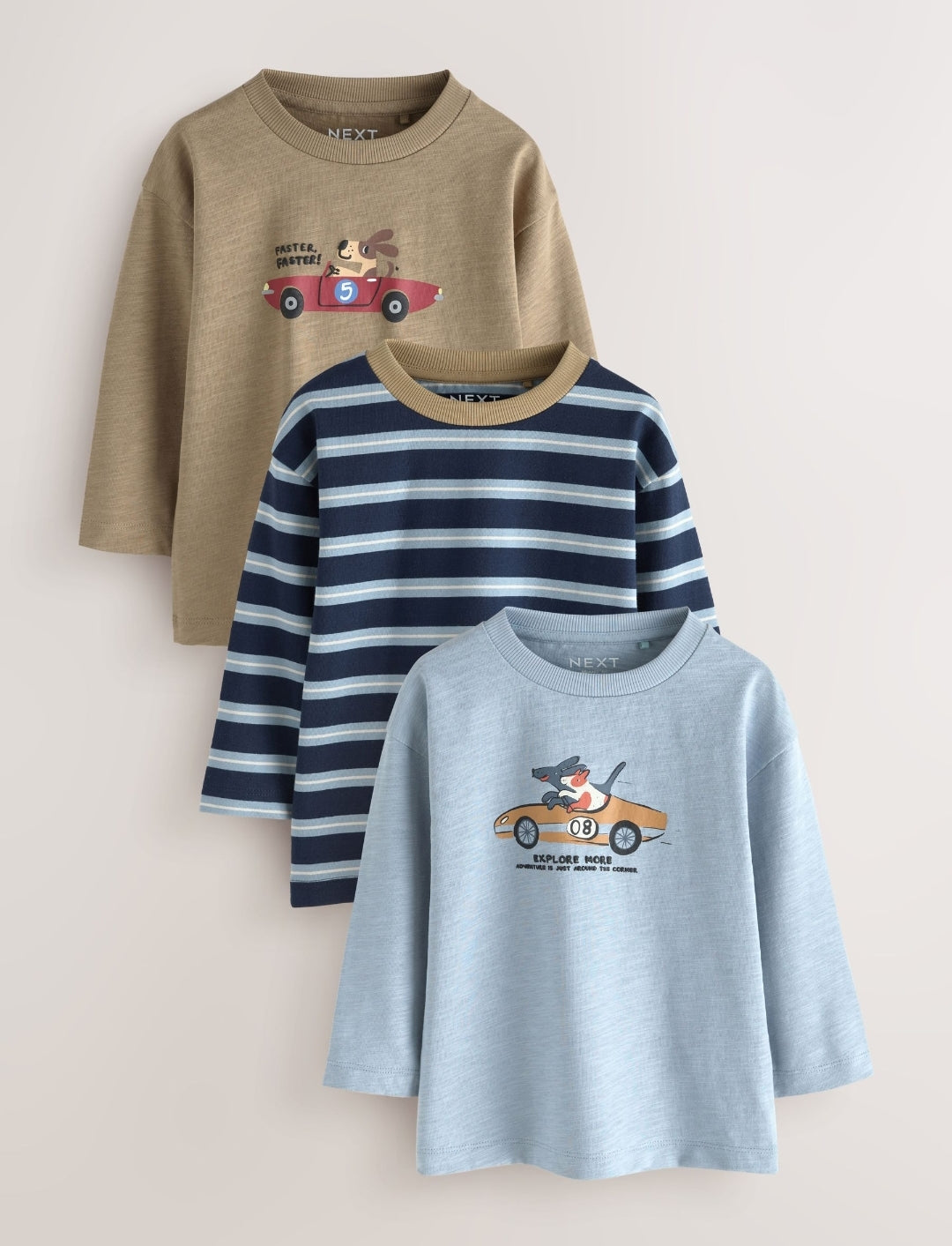 Blue/Neutral Dog Stripe Long Sleeve Graphic T-Shirts 3 Pack