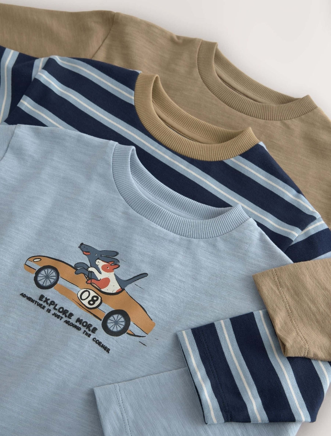 Blue/Neutral Dog Stripe Long Sleeve Graphic T-Shirts 3 Pack
