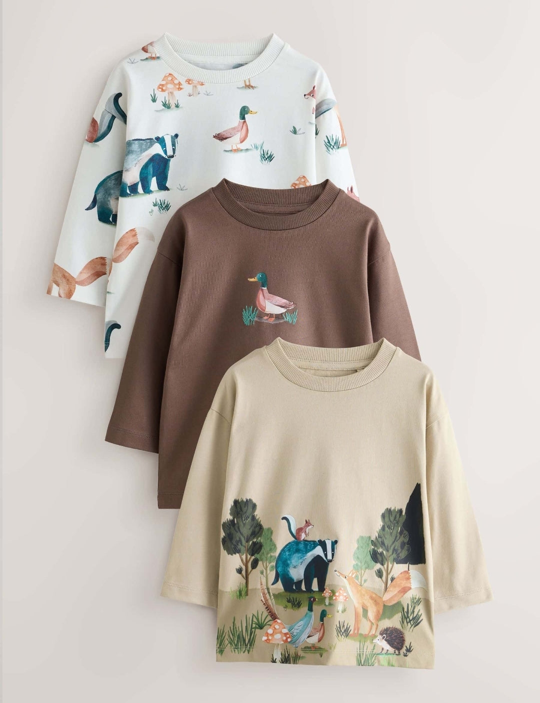 Neutral/Tan Woodland Watercolour Long Sleeve Graphic T-Shirts 3 Pack.